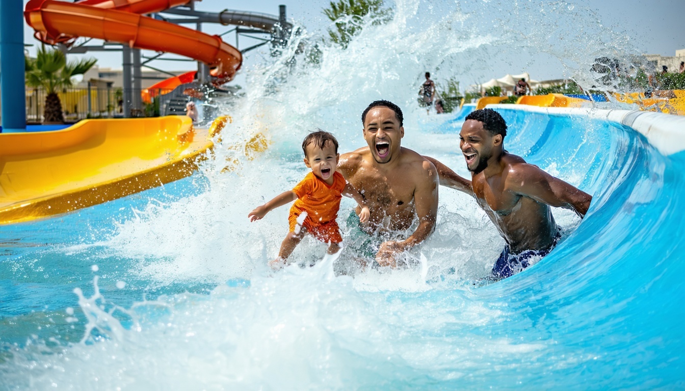 Family enjoying the wave pool at Water Park Dubai