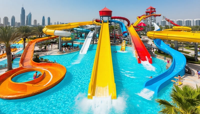 A vibrant aerial view of Water Park Dubai showcasing slides, pools, and family attractions. A vibrant aerial view of Water Park Dubai showcasing slides, pools, and family attractions.