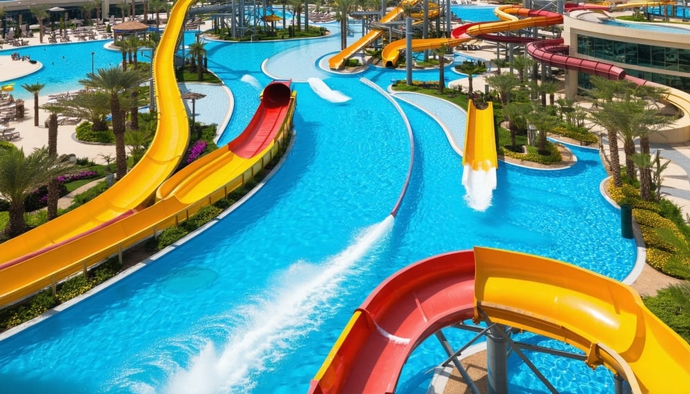 Aerial view of Water Park Dubai with water slides and pools Aerial view of Water Park Dubai with water slides and pools