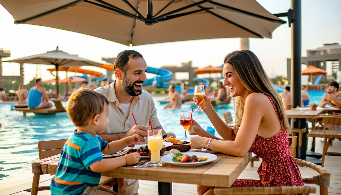 Family enjoying dining and cabanas at Water Park Dubai